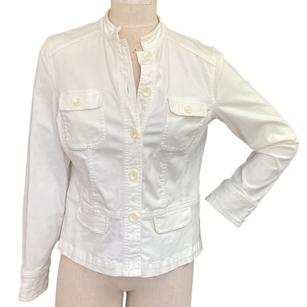 Talbots Stretch 8 Cotton Denim Button-Up Jacket Pockets Ivory/Cream 34Q‎